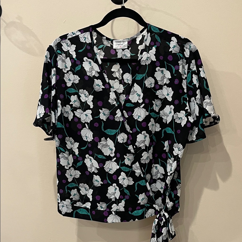 Sienna Sky Black and White Floral Wrap Blouse
